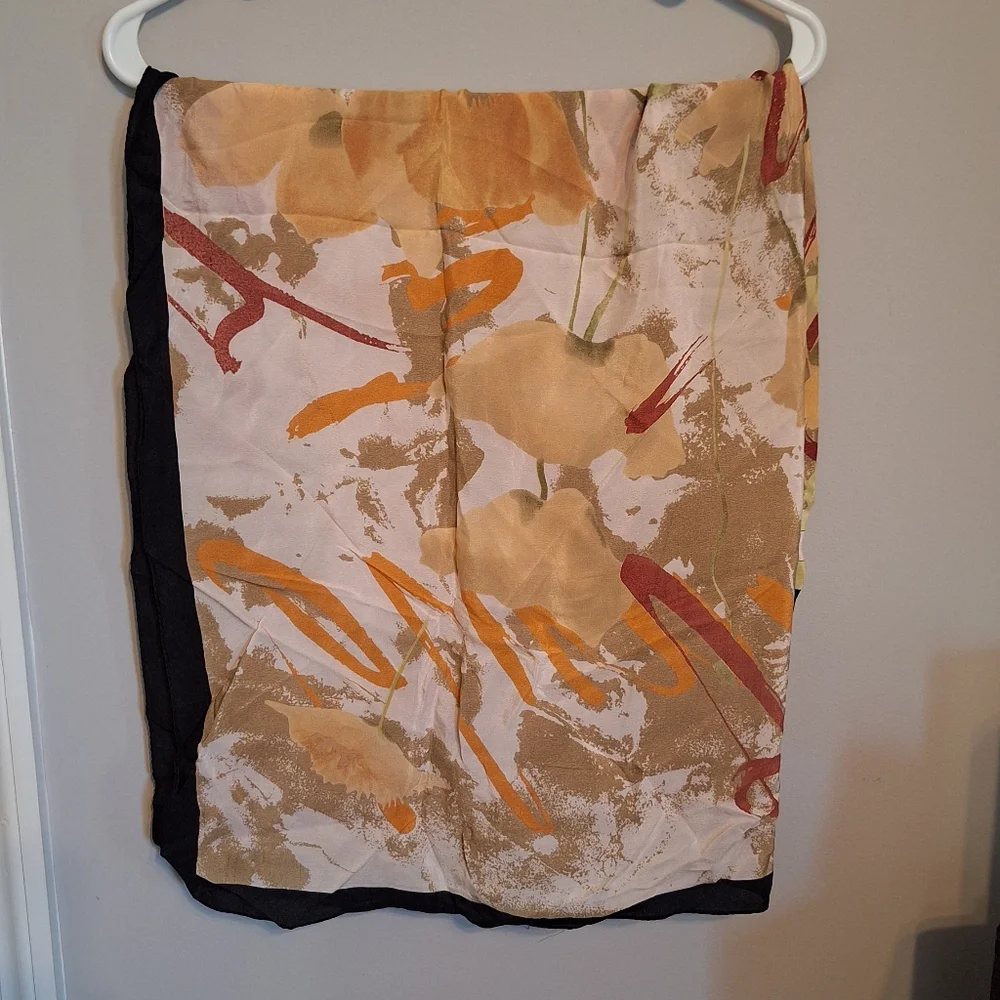 QIFANG 100% SILK Floral Print Scarf with Black Border
